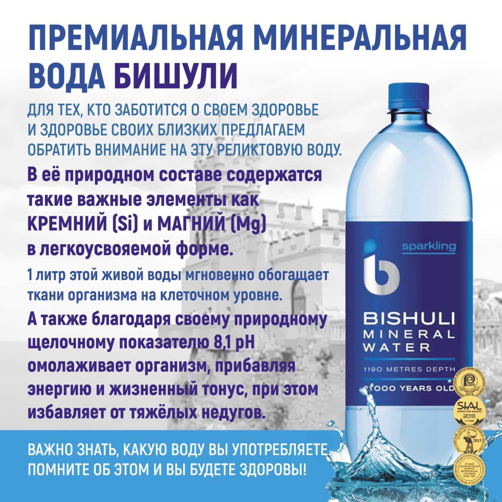 Вода минеральная лечебно-столовая Бишули 1 литр, газ, пэт, 6 шт. в уп.