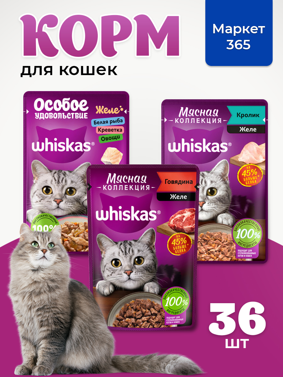 Корм для кошек влажный, Whiskas желе, Набор: Говядина, кролик; белая рыба, креветки, овощи. 36 шт 75 г