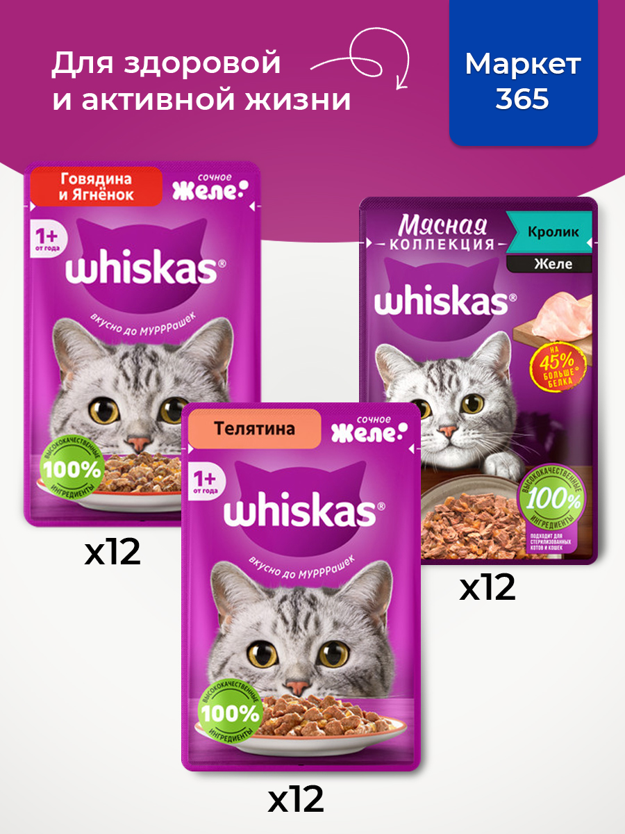 Корм для кошек влажный, Whiskas желе, Набор: Говядина и ягненок, кролик, телятина. 36 шт 75 г
