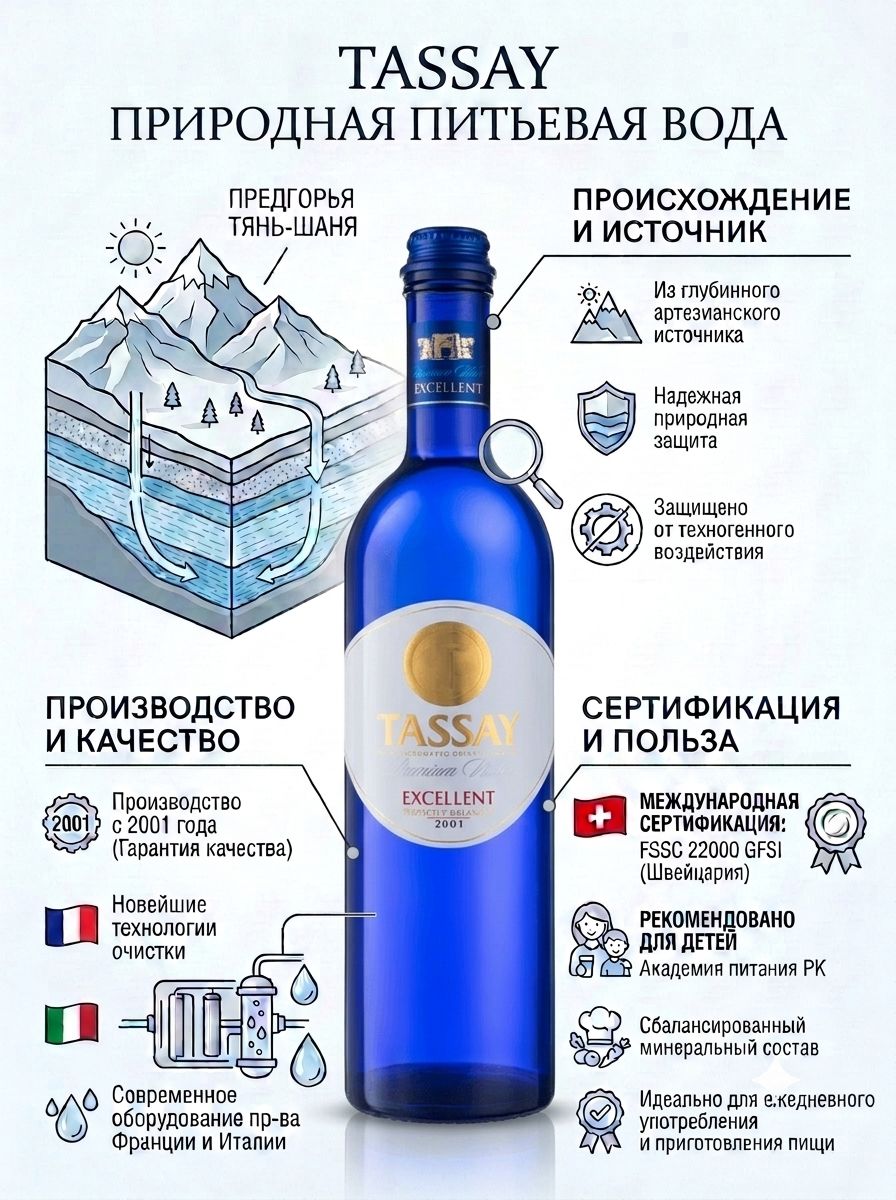 Вода Tassay Еxcellent 0.75 литра, без газа, стекло, (упаковка 6 шт)