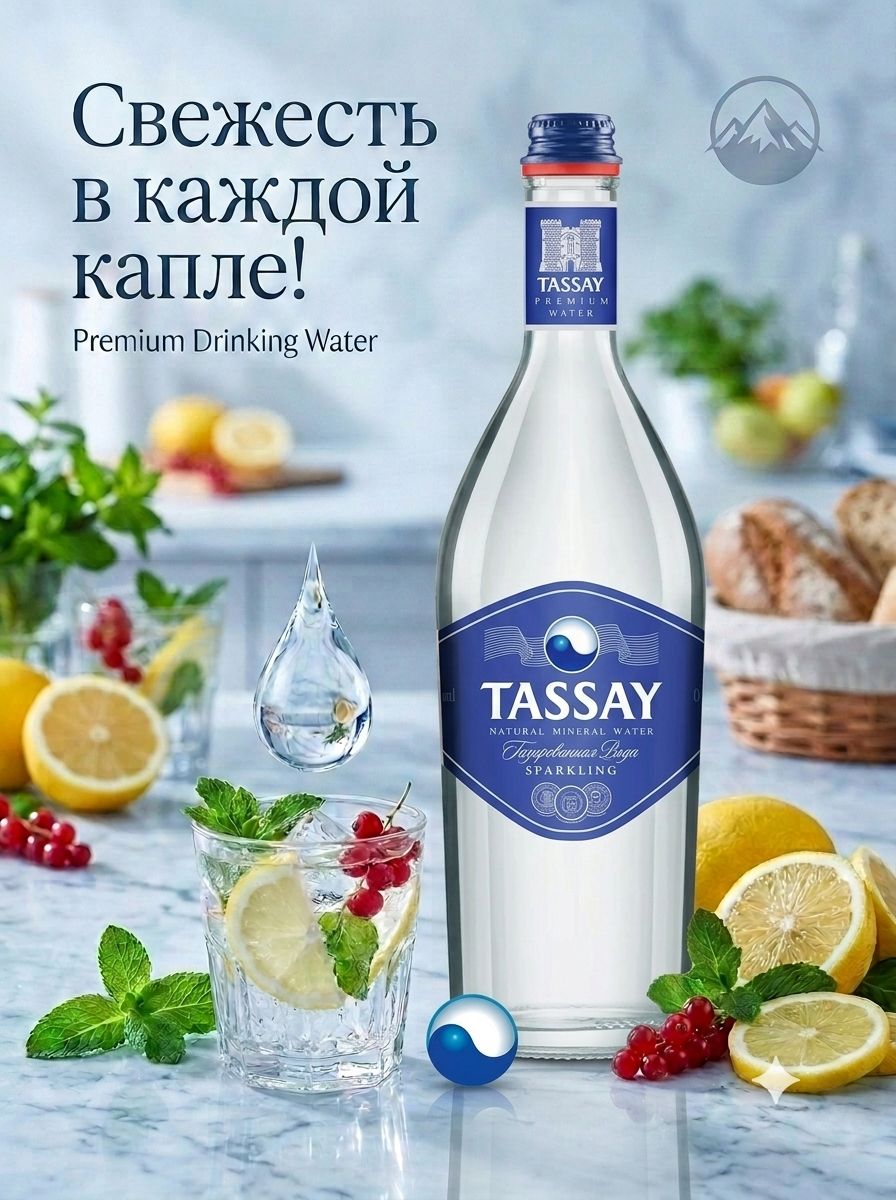 Вода Tassay 0.75 литра, газ, стекло, (упаковка 6 шт)