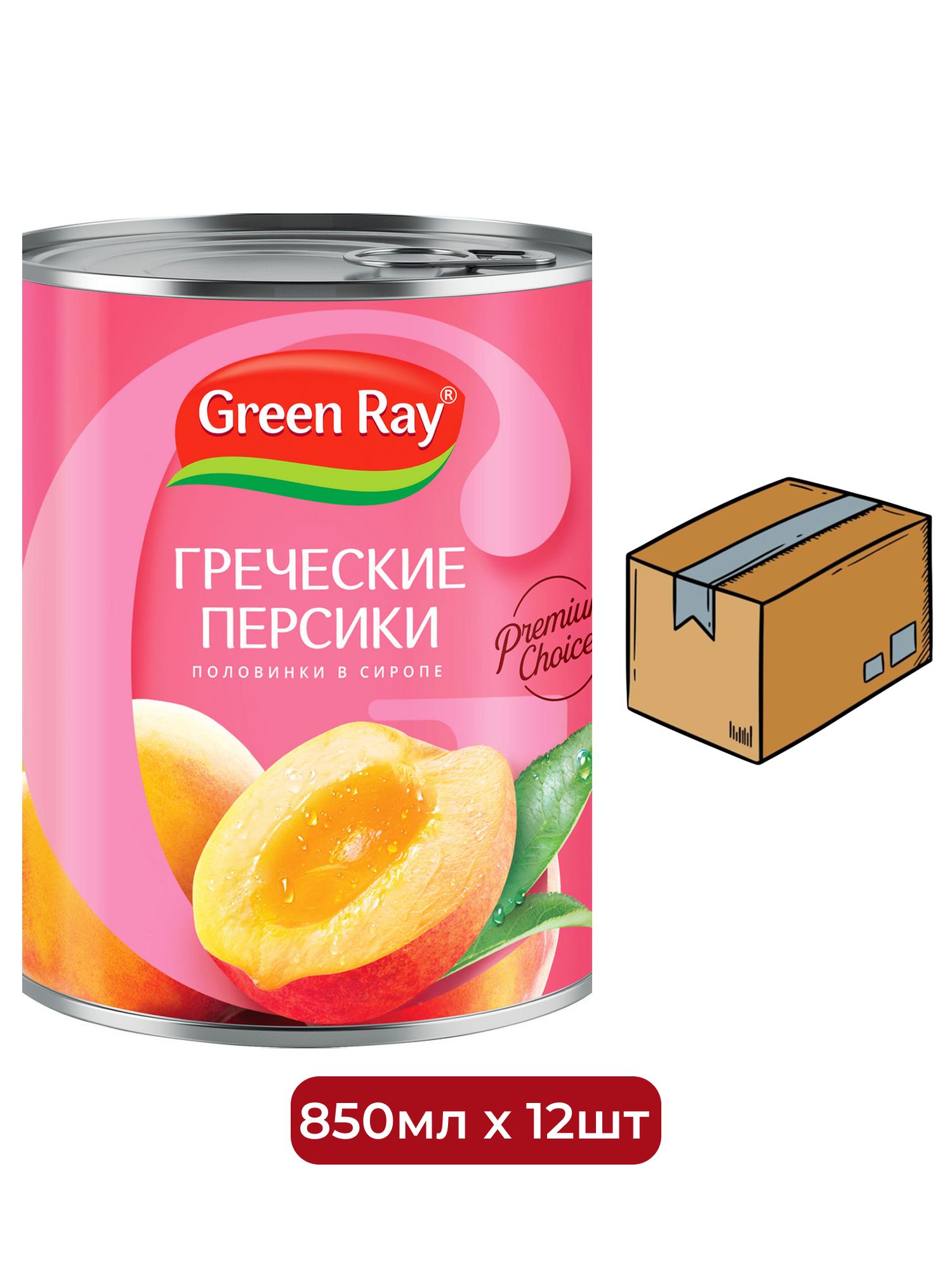Персики Green Ray Греческие половинки в сиропе, 850мл х 12 шт.