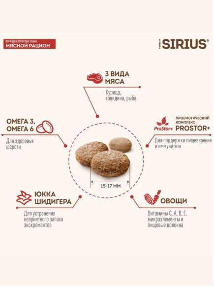Корм сухой, Sirius мясной рацион, для взрослых собак всех пород, 2 кг