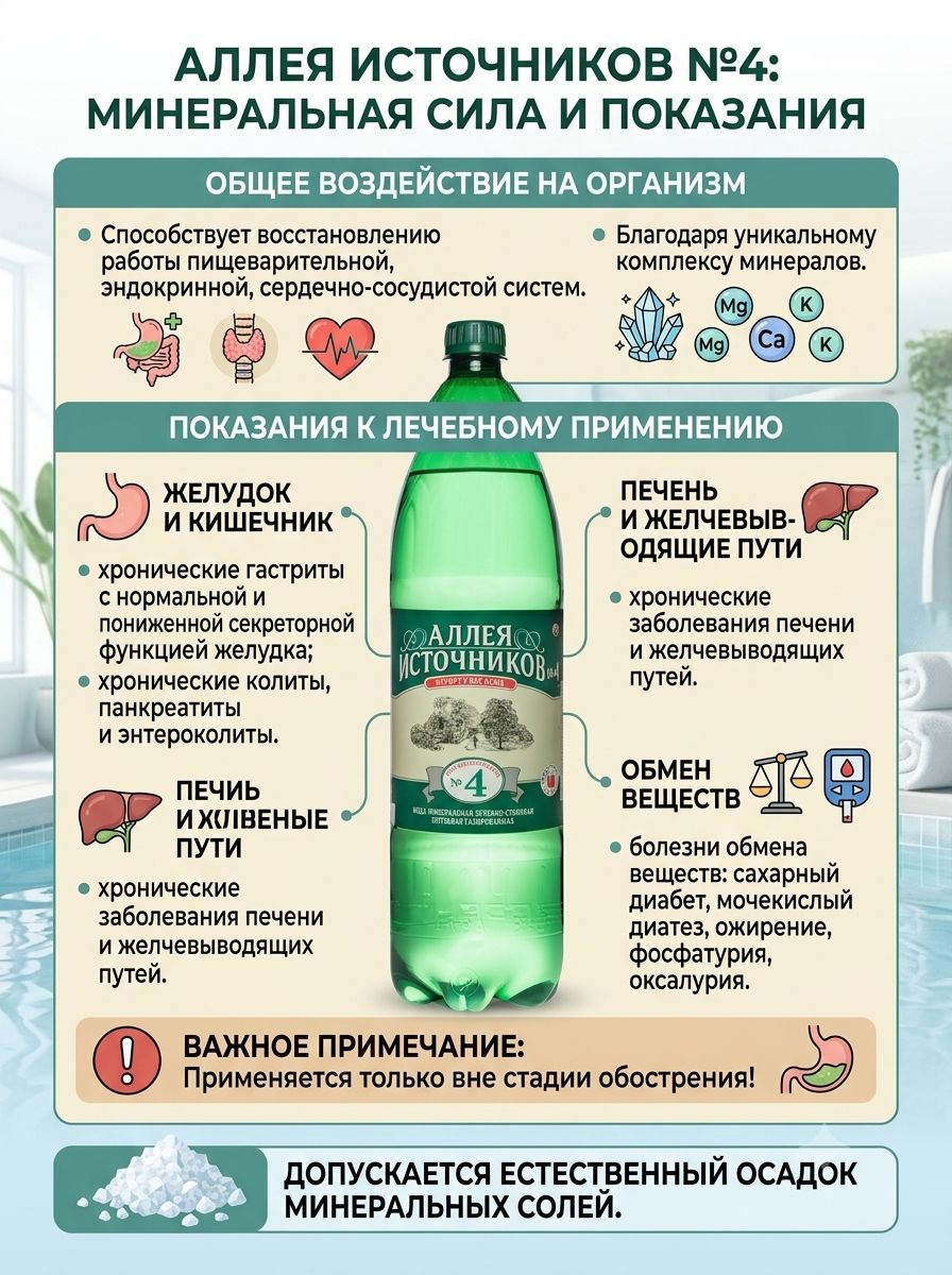 Вода Аллея источников №4 минеральная лечебно-столовая 1.5 литра, газ, пэт.( упаковка 6 шт)