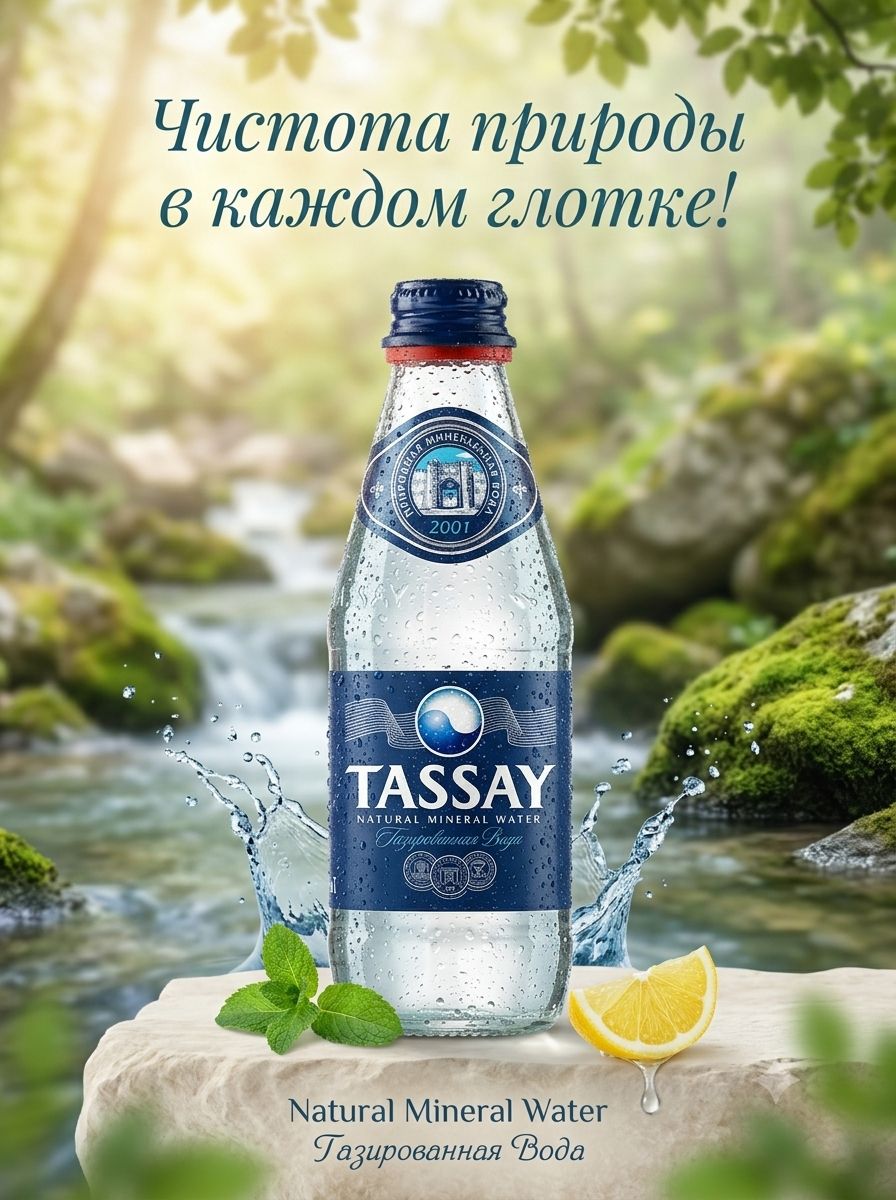 Вода Tassay 0.25 литра, газ, стекло, (упаковка 12 шт)