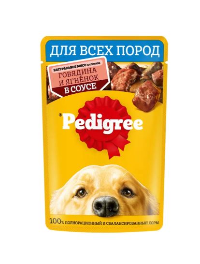 Влажный корм PEDIGREE для взрослых собак всех пород, с говядиной и ягненком в соусе, 28 шт x 85г