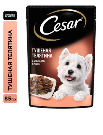 Влажный корм Cesar для взрослых собак, с тушеной телятиной и овощами в желе, 28 шт по 85г