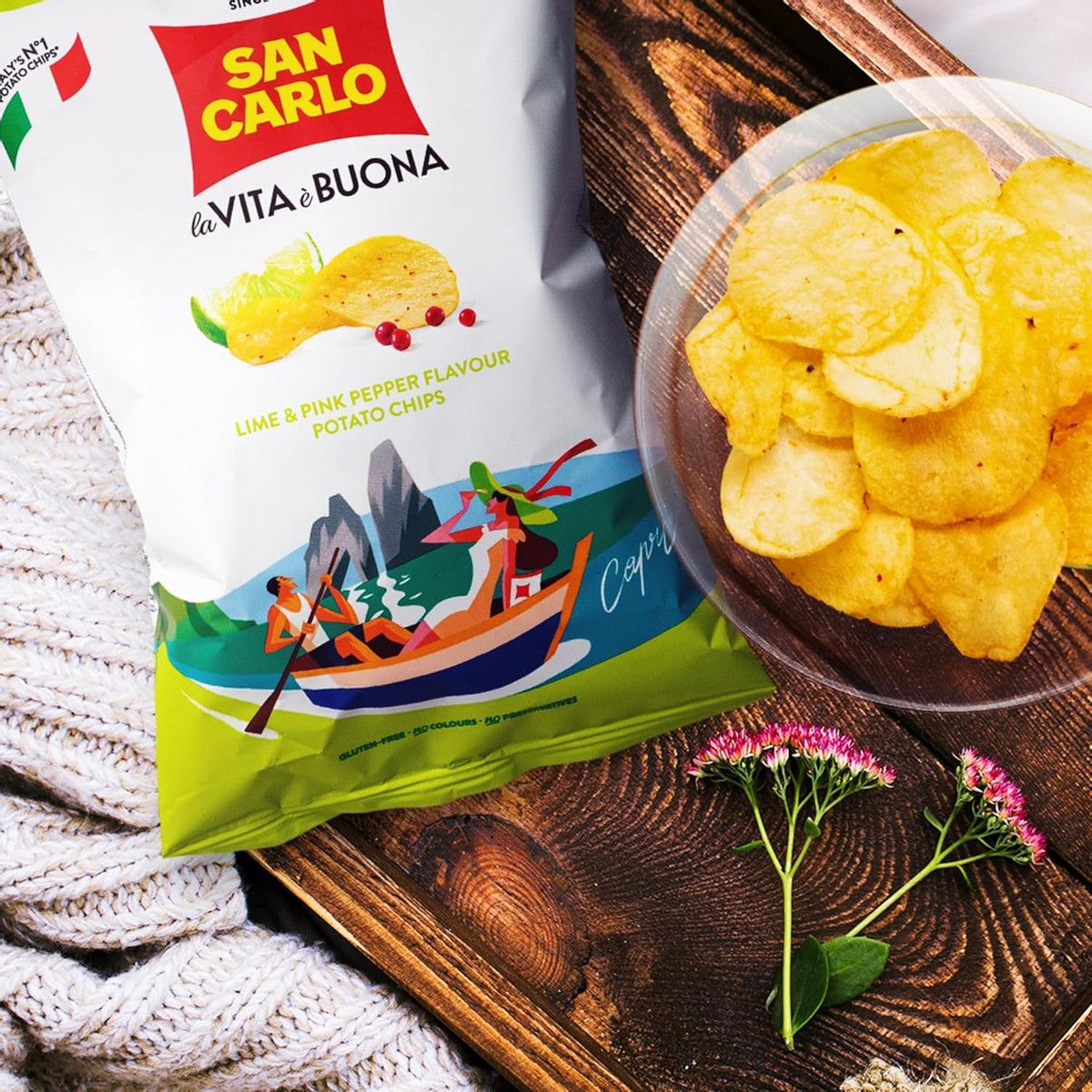Чипсы San Carlo Лайм и розовый перец, 150г. Упаковка 16 шт. Набор 2 упаковки.