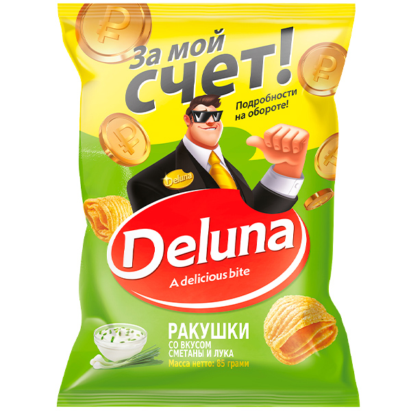 Снеки кукурузные Deluna Ракушки вкус сметана и лук 85 гр