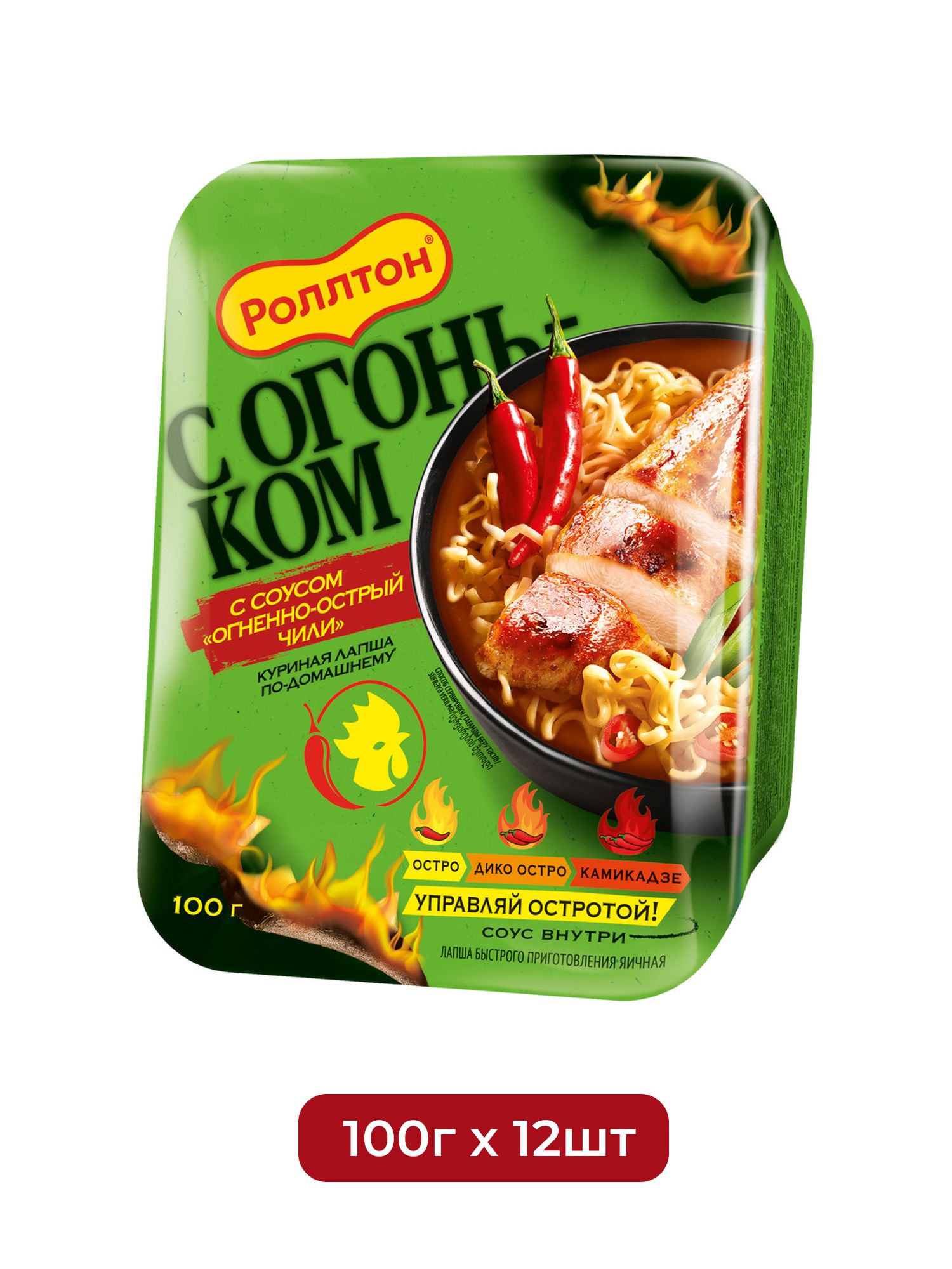Лапша быстрого приготовления Роллтон куриная с соусом чили, 100гх 12 шт.