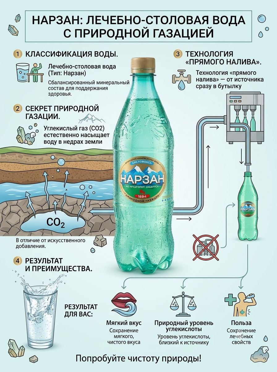 Вода Нарзан минеральная лечебно-столовая газированная, ПЭТ, 500мл х 12шт.
