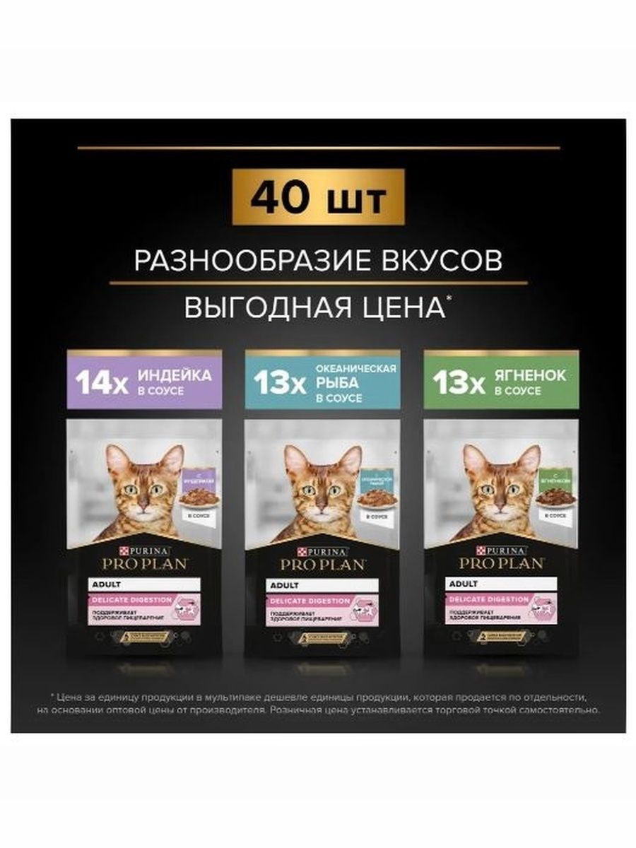 Влажный корм для кошек с чувствительным пищеварением PRO PLAN, микс с индейкой, ягненком, океанической рыбой в соусе, 85 г х 40 шт
