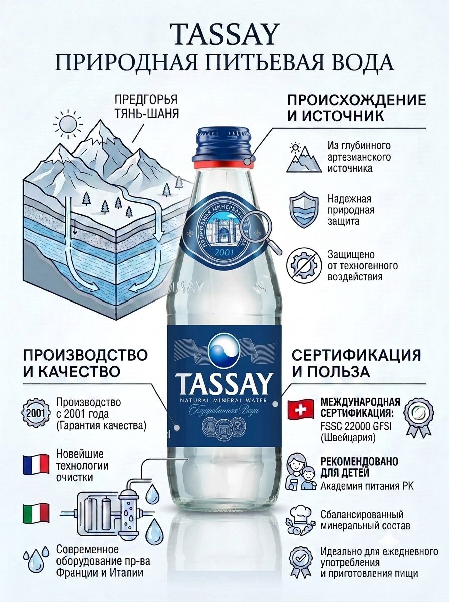 Вода Tassay 0.25 литра, газ, стекло, (упаковка 12 шт)