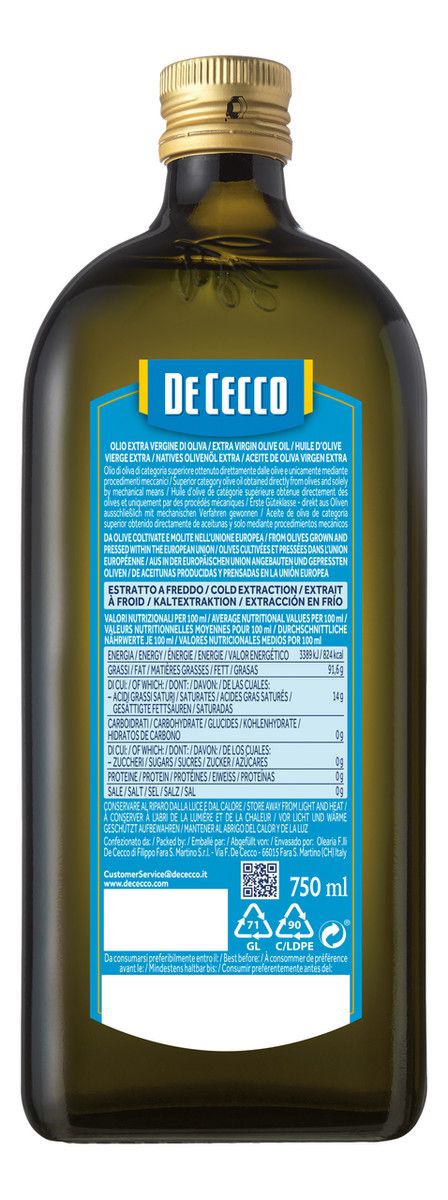 Масло оливковое De Cecco Classico Extra Virgin нерафинированное, 750мл х 6шт.