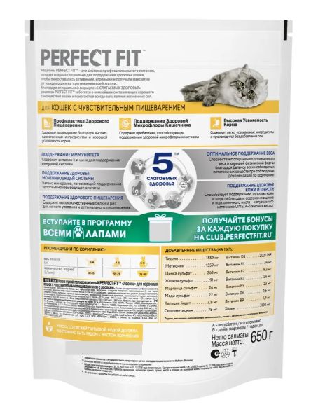 Сухой полнорационный корм PERFECT FIT для взрослых кошек с чувствительным пищеварением, с лососем, 650г.