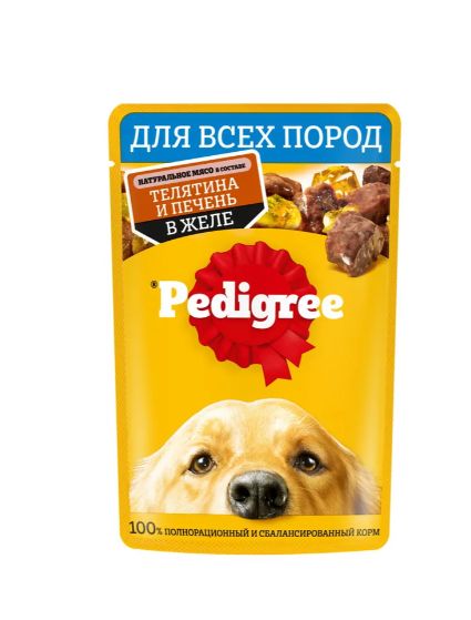 Влажный корм PEDIGREE для взрослых собак всех пород, с телятиной и печенью в желе, 28 шт x 85г