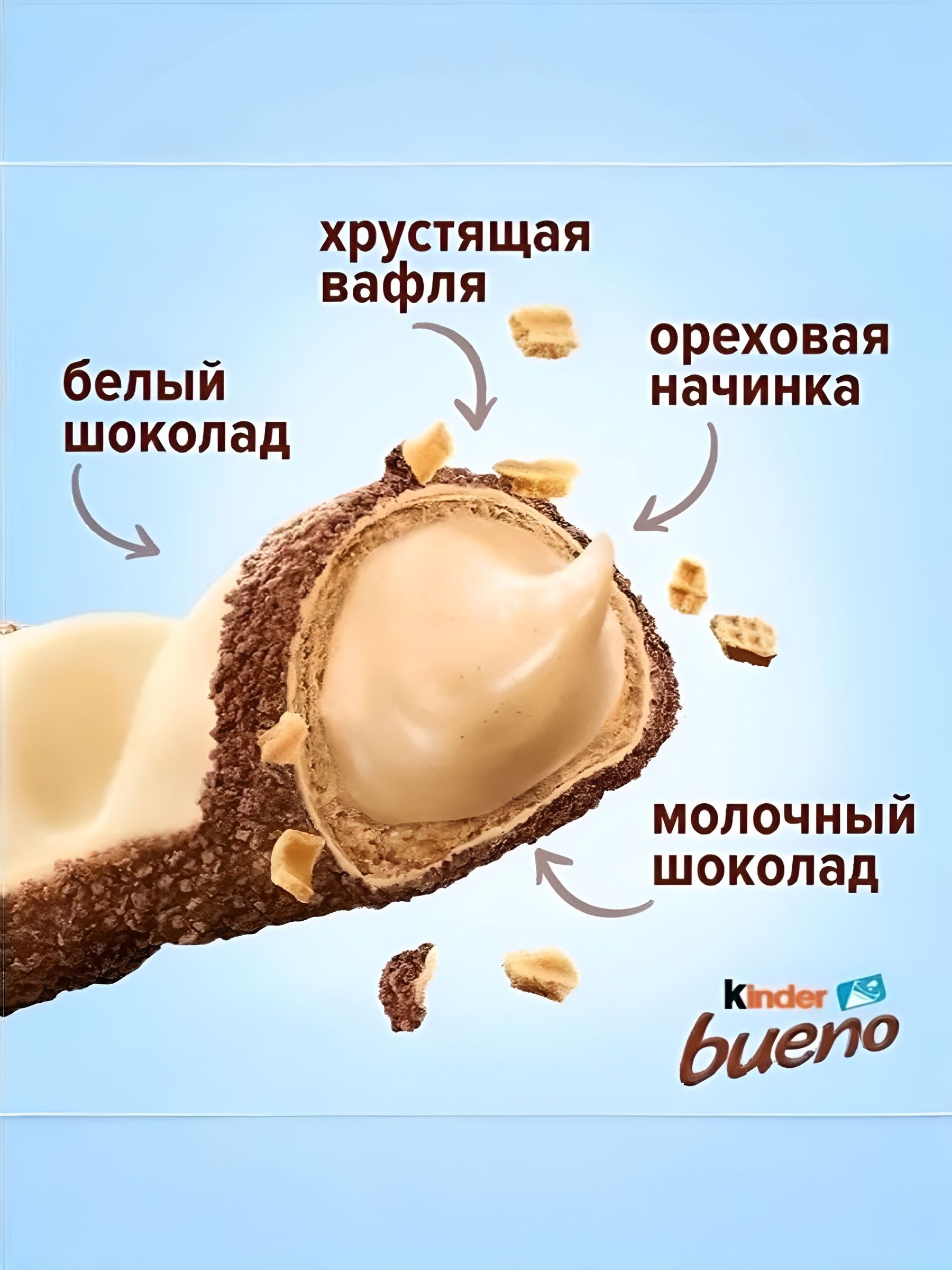 Шоколадно-вафельный батончик с молочно-ореховой начинкой Kinder Bueno White, 39 гр. (Италия), 10 шт.