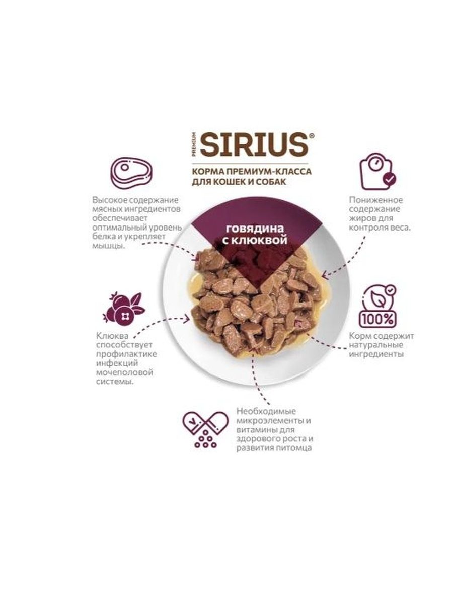 Влажный корм Sirius Sterile для стерилизованных кошек (кусочки в соусе) с говядиной и клюквой, 85 г х 24 шт