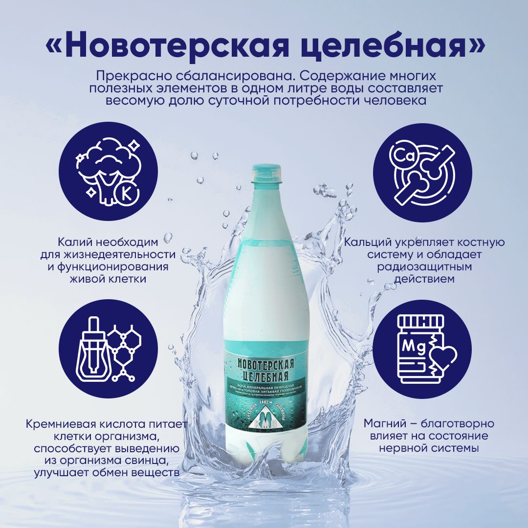 Вода минеральная Новотерская Целебная, лечебно-столовая, 0,5 л х 6 шт, газированная, пэт