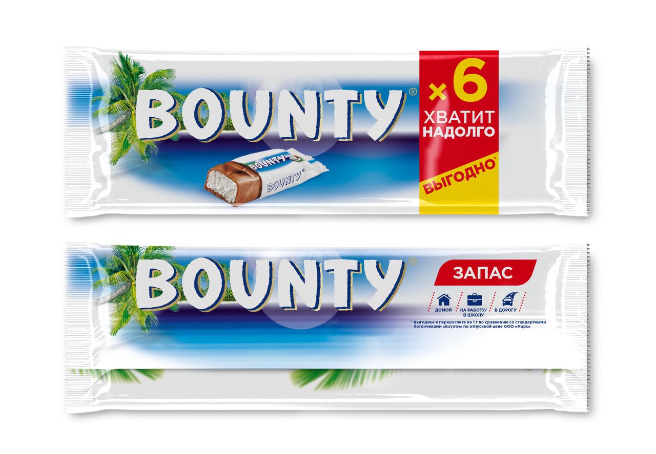 Батончик шоколадный Bounty 27.5г х 6шт, 165г. Упаковка 28 шт.