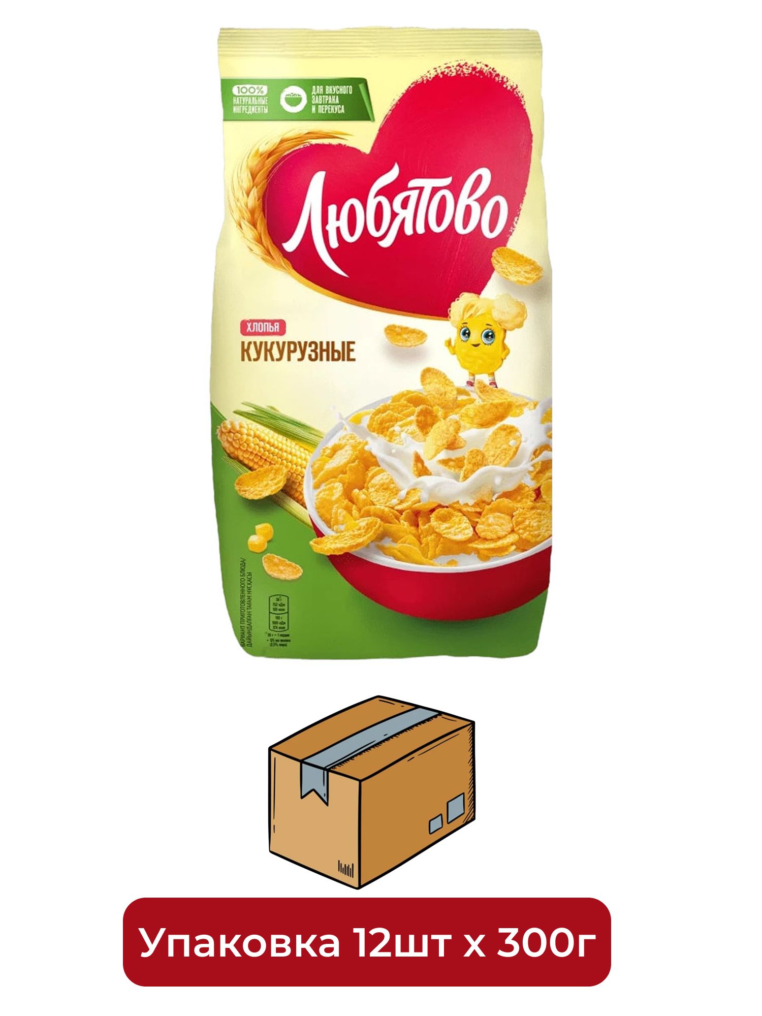 Готовый завтрак Любятово Хлопья кукурузные, 300г х 12 шт.