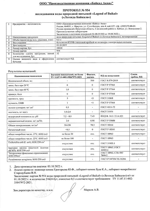 Вода Легенда Байкала 0.5 литра, без газа, пэт, 12 шт. в уп.
