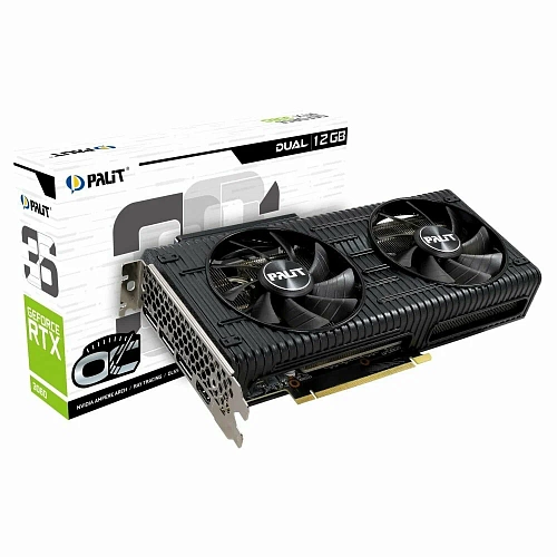 Видеокарта Palit GeForce RTX 3060 12288Mb, Dual OC 12G (NE63060T19K9-190AD) 1xHDMI, 3xDP, Ret (Чёрный)