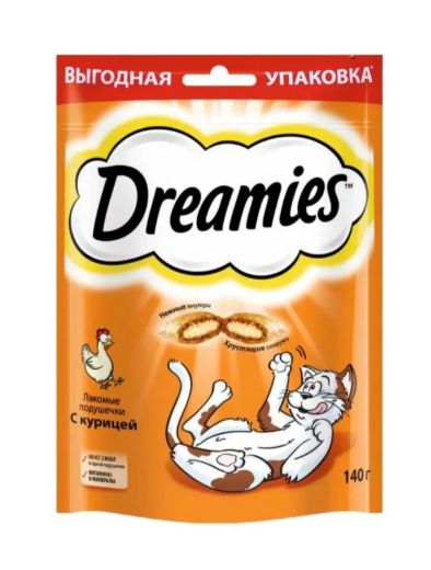 Лакомые подушечки с курицей Dreamies 1680 г (24 упаковки по 140 грамм). Лакомство для кошек. Дримис