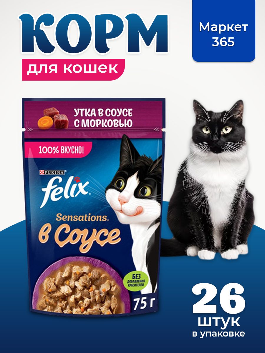 Влажный корм для кошек Felix Sensations, в соусе утка с морковью, 75 г x 26 шт