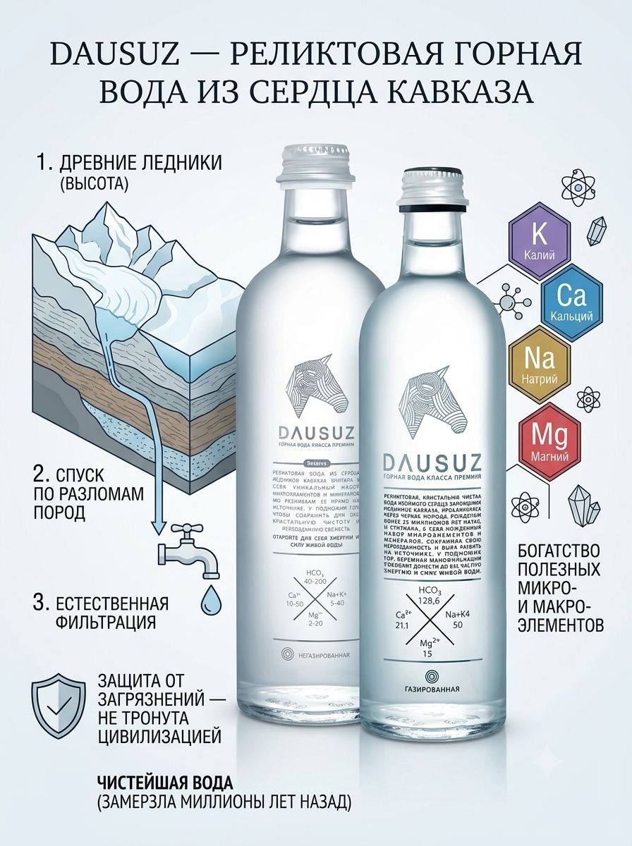 Вода Dausuz 0.5 литра, газ, стекло. Упаковка 12шт.