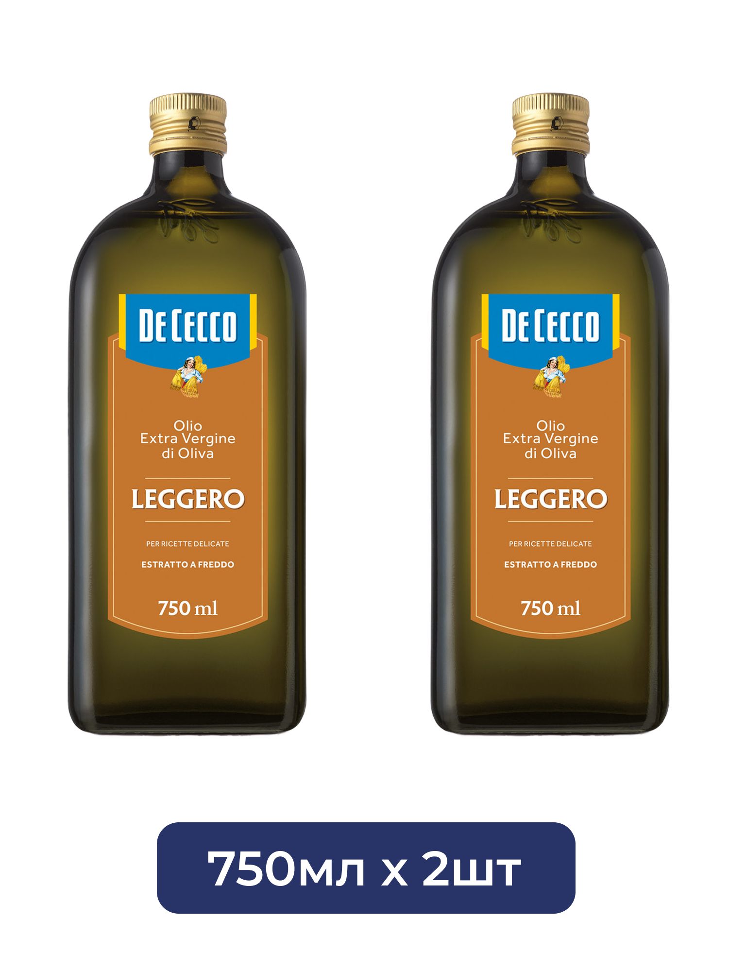 Масло оливковое De Cecco Leggero Extra Vergine нерафинированное, 750мл х 2шт.