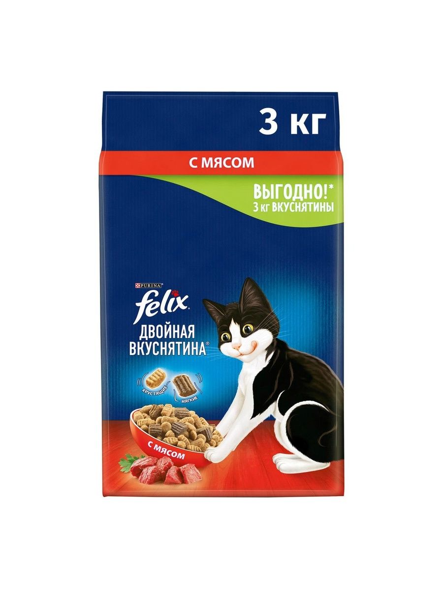 Корм сухой Felix Двойная вкуснятина для взрослых кошек с мясом, 3кг