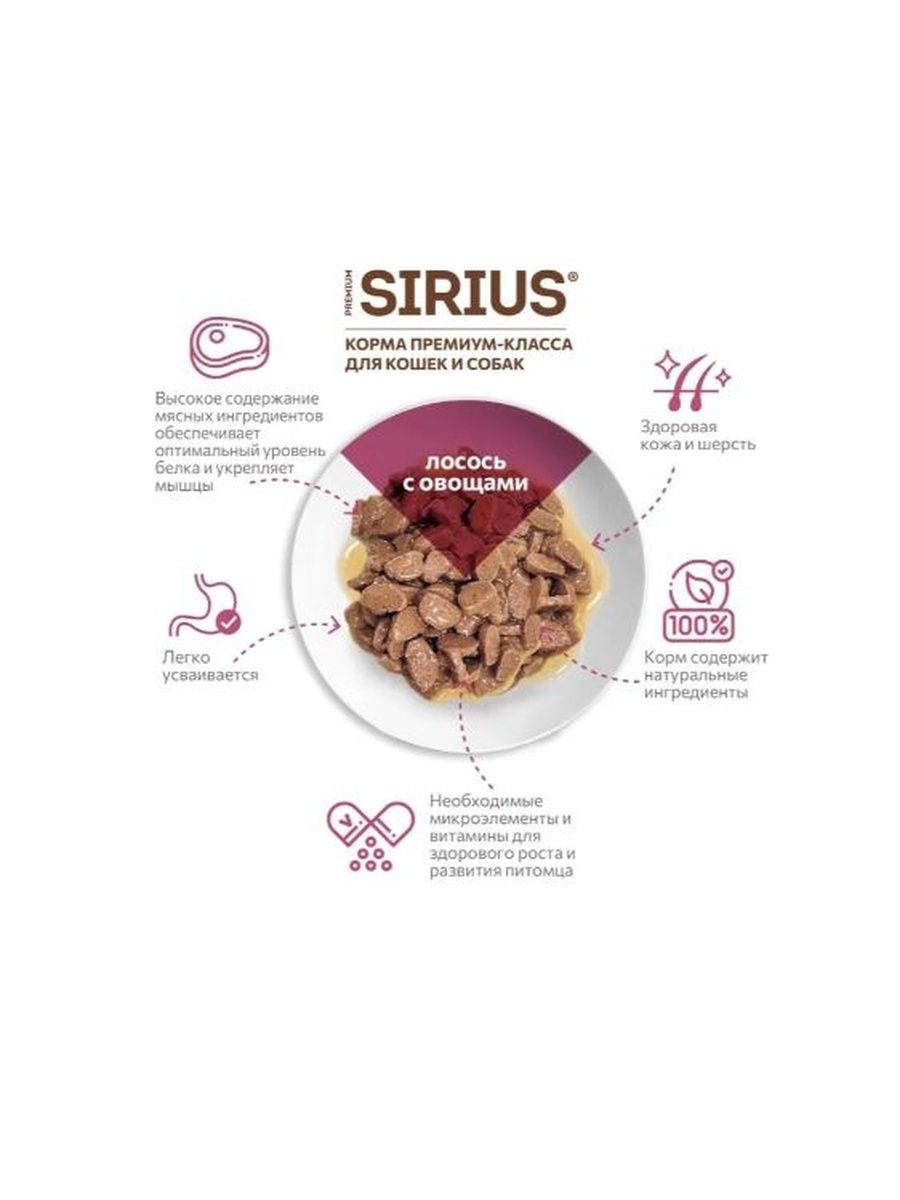 Влажный корм Sirius Adult для кошек (кусочки в соусе) с лососем и овощами, 85 г х 24 шт.