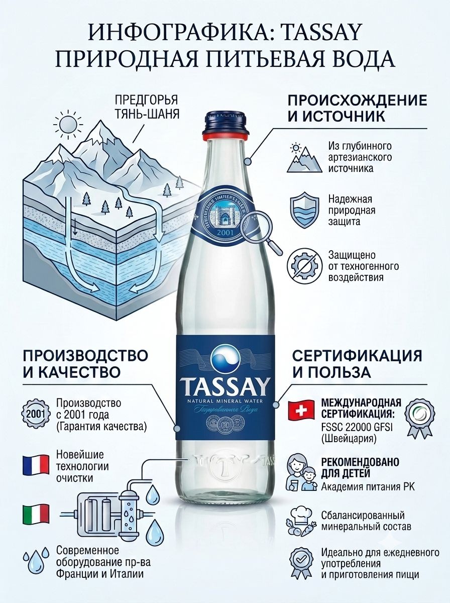 Вода Tassay 0.5 литра, газ, стекло, (упаковка 12 шт)