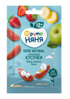 Пюре фруктовое ФрутоНяня с 7 месяцев, яблоко, банан и клубника, 90г. Упаковка 12 шт.