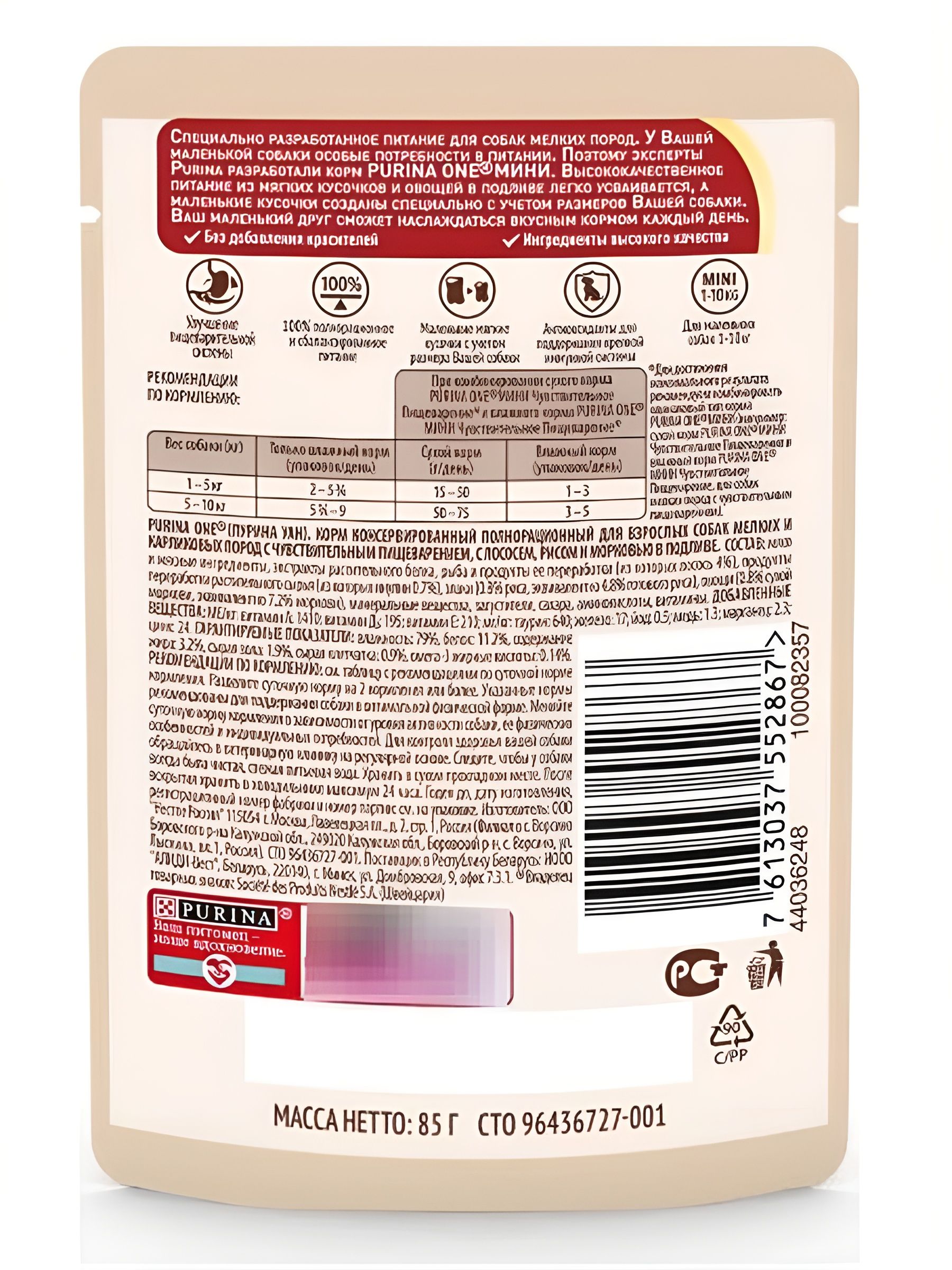Влажный корм Purina One Мини Чувствительное пищеварение для собак мелких пород (кусочки в подливе) с лососем, рисом, морковью, 85 г х 26 шт.
