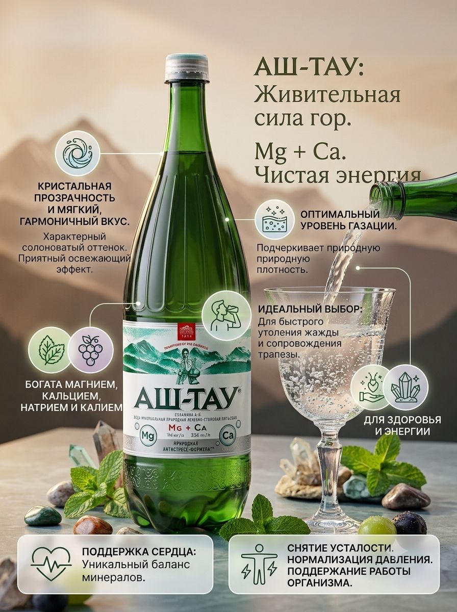 Вода Аштау минеральная лечебно-столовая газированная, 1.5л, ПЭТ х 6шт.