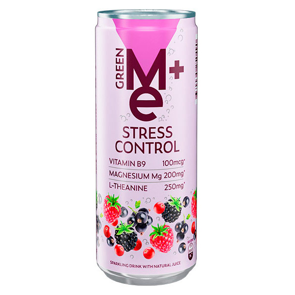 Напиток Green Me+ Plus Stress Control с витамином В9, магнием, Л-теанином, 0.33 литра, газ, ж/б, 12 шт. в уп.