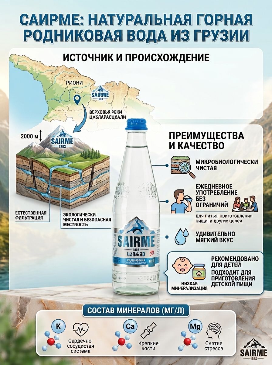 Вода Sairme родниковая негазированная стекло, 500мл x 12 шт