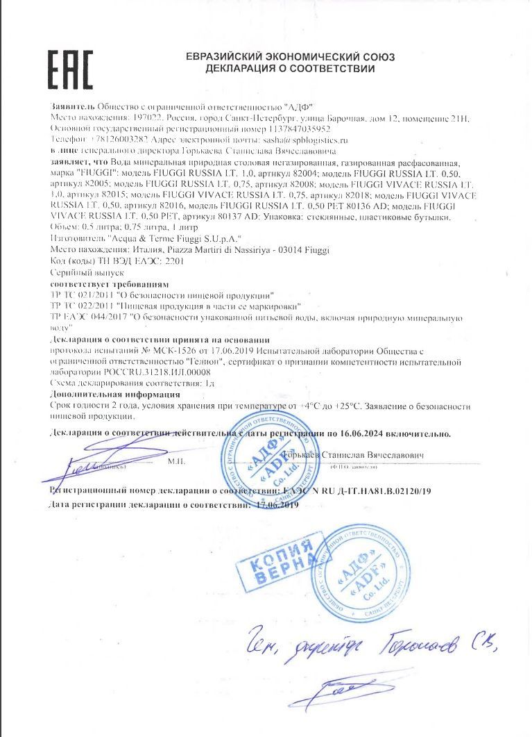Acqua Di Fiuggi Frizzante(ФЬЮДЖИ)- природная минеральная вода без газа 1л, стекло, упаковка 6 штук