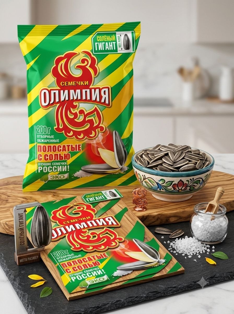 Семечки обжаренные отборные соленые "Олимпия" (полосатые с солью) 200г х 10шт.