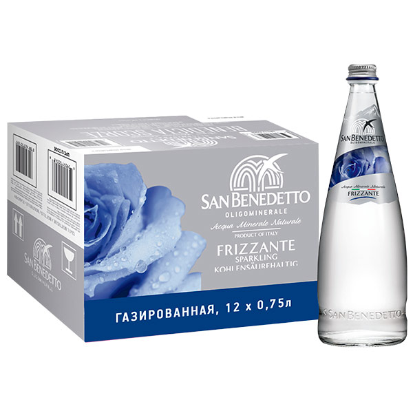Вода San Benedetto 0.75 литра, газ, стекло, 12 шт. в уп.