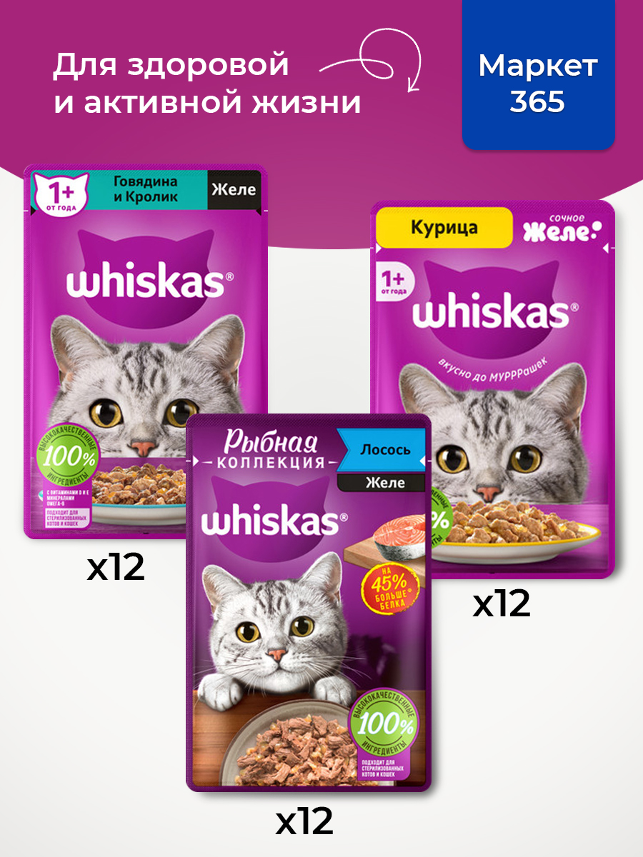 Корм для кошек влажный, Whiskas желе, Набор: Говядина и кролик; курица, лосось. 36 шт 75 г