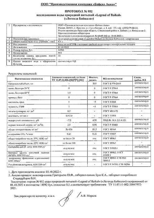 Вода Легенда Байкала 0.5 литра, газ, пэт, 12 шт. в уп.