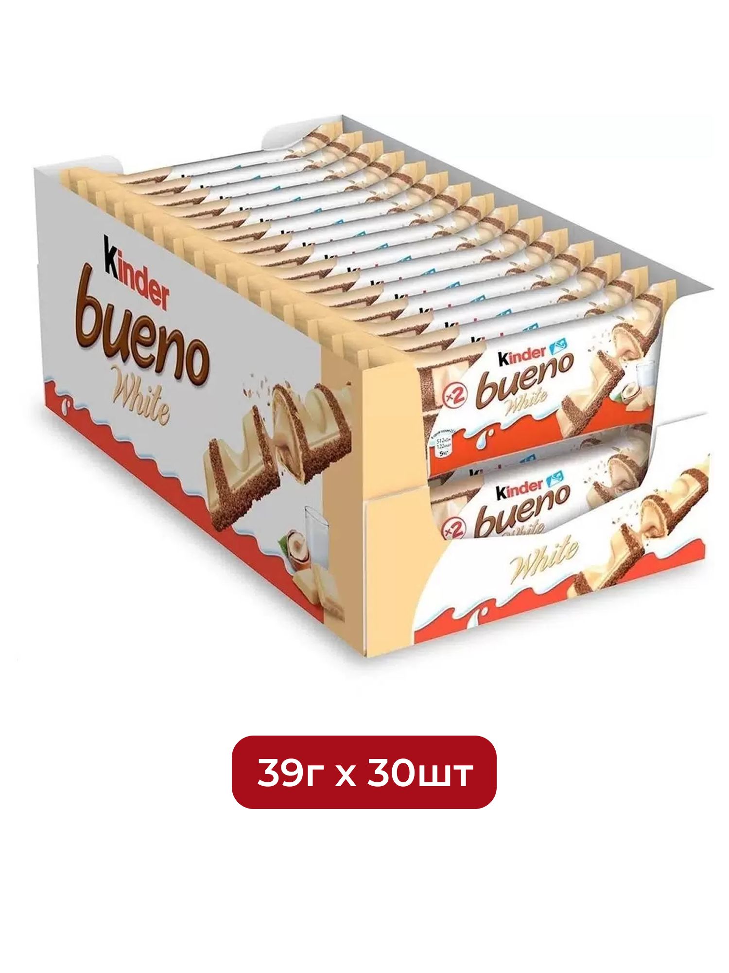 Шоколадно-вафельный батончик с молочно-ореховой начинкой Kinder Bueno White, 39 гр. (Италия). Упаковка 30 шт.