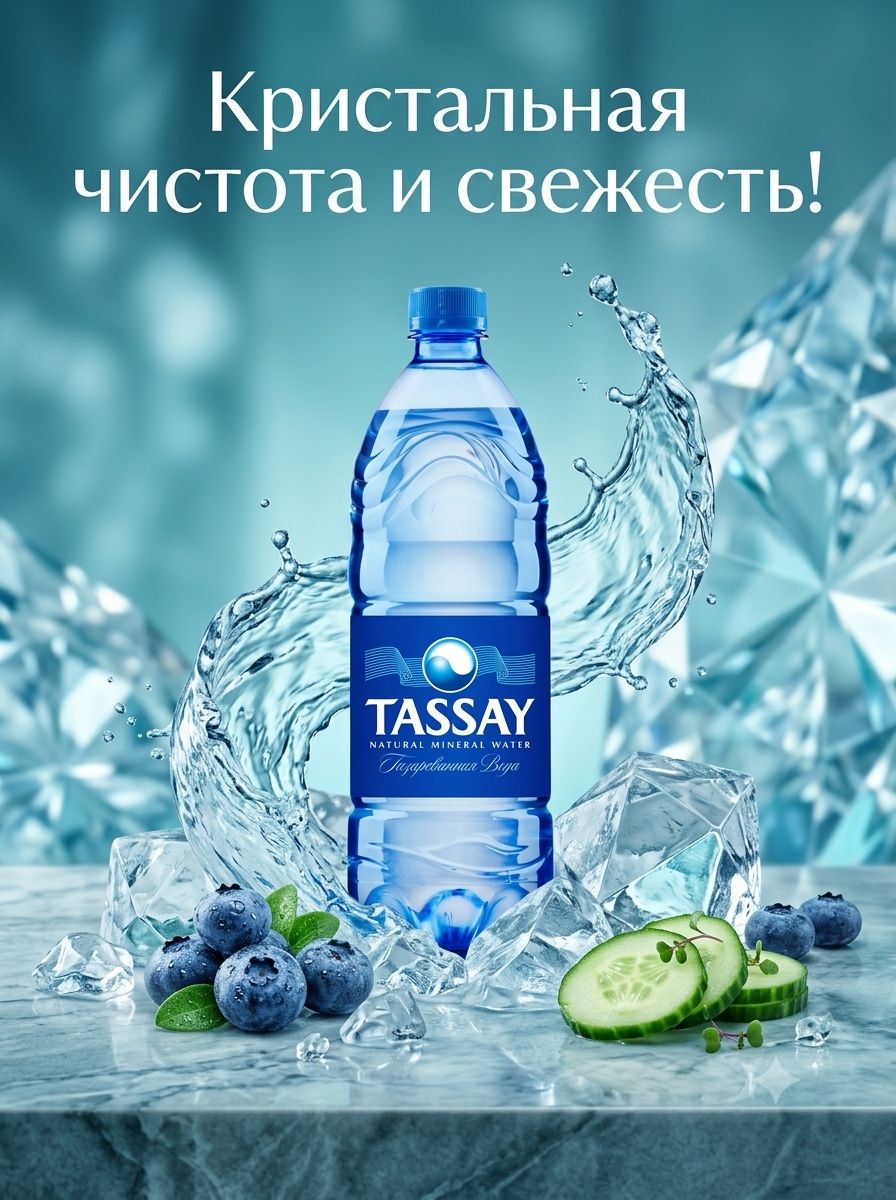 Вода Tassay 1 литр, газ, ПЭТ, (упаковка 6 шт)