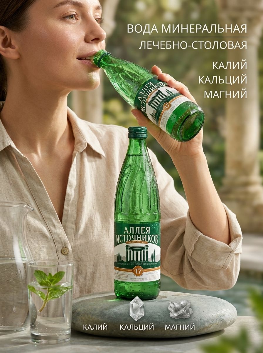 Вода Аллея Источников №17 Аква-Вайт 0.5 литра, газ, стекло, ( упаковка 12 шт)