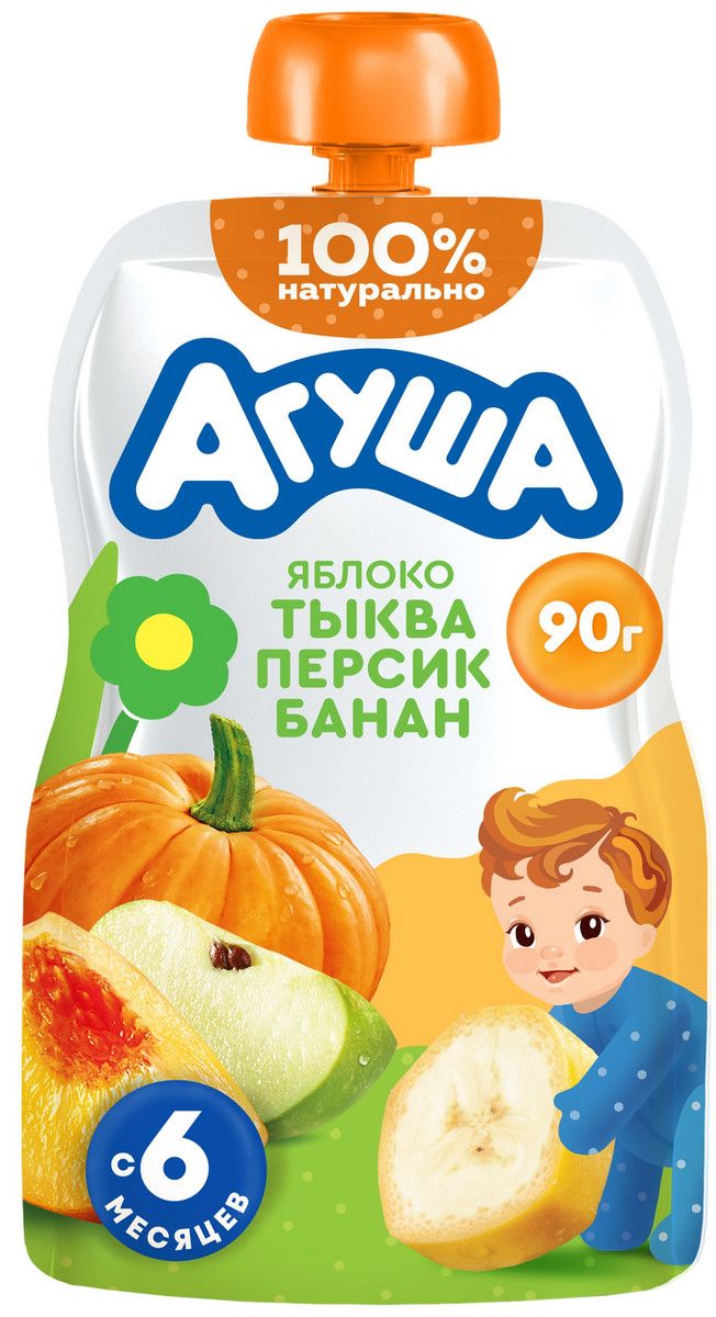 Пюре фруктово-овощное детское Агуша Яблоко, тыква, персик и банан с 6 месяцев, 90г х 10 шт