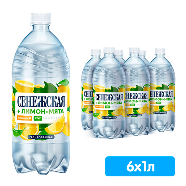 Вода Сенежская Лимон-Мята 1 литр, газ, пэт, 6 шт. в уп.