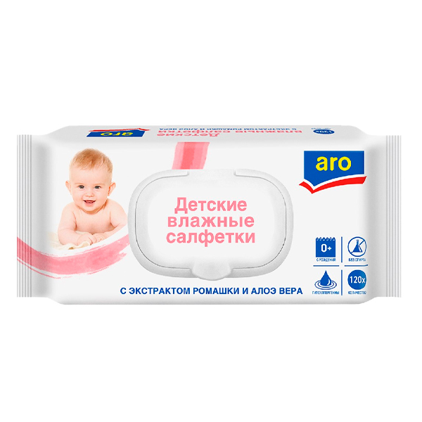 Салфетки влажные детские Aro с ромашкой и алоэ вера с клапаном 120 шт